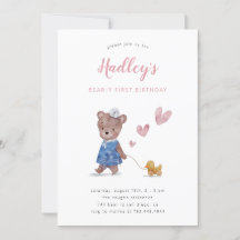 Beary First Teddy Bear Girl Birthday Party Invitat