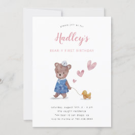 Beary First Teddy Bear Girl Birthday Party Invitat Kaart
