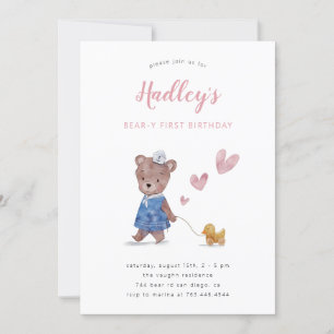 Beary First Teddy Bear Girl Birthday Party Invitat Kaart