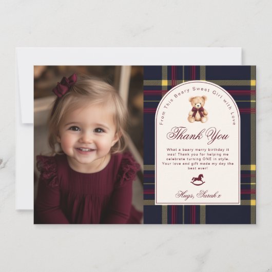 Beary Fun Preppy Meisje 1e Verjaardag Dank u Kaart (Voorkant)