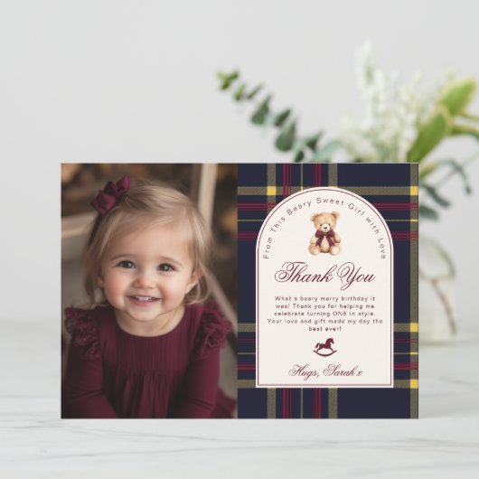 Beary Fun Preppy Meisje 1e Verjaardag Dank u Kaart (Staand voorkant)