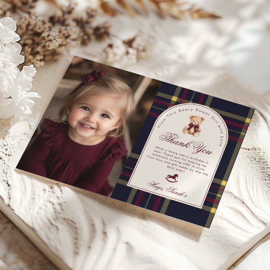 Beary Fun Preppy Meisje 1e Verjaardag Dank u Kaart