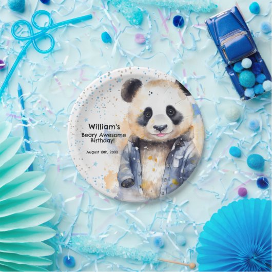 Beary Geweldige Boys Waterverf Panda Verjaardag Papieren Bordje (Feest)