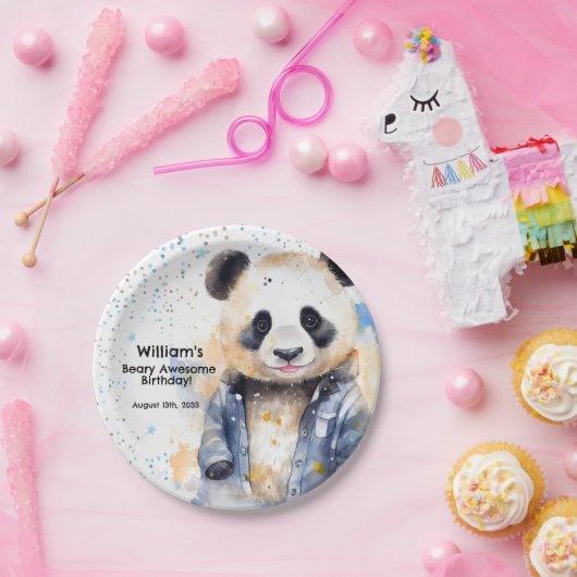 Beary Geweldige Boys Waterverf Panda Verjaardag Papieren Bordje (Feest)
