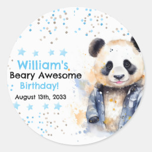 Beary Geweldige Boys Waterverf Panda Verjaardag Ronde Sticker