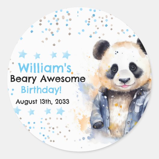 Beary Geweldige Boys Waterverf Panda Verjaardag Ronde Sticker (Voorkant)