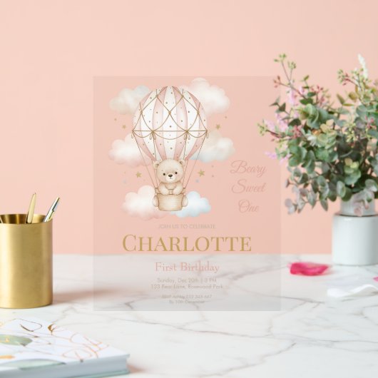 Beary  Hot Air Balloon 1st Birthday Invitation Acryl Bord (Huwelijk)