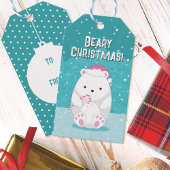 Beary Kerstpoar Beer Cute Cartoon Blauwgroen Blue Cadeaulabel