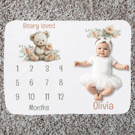 Beary Loved Teddy Bear Milestone Baby Blanket Inbakerdoek