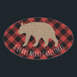 Beary Merry Christmas Plaid Burlap Beer Ovale Sticker<br><div class="desc">Een sticker met een afbeelding van een jute beren silhouet. Tekst eronder zegt,  "BEARY MERRY CHRISTMAS" Achtergrond is rood en zwart houthakker buffel plaid check.</div>