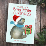 Beary Merry Kerstcute Beer Santa Hat Feestdagenkaart<br><div class="desc">Een leuke vriend met de vakantiekaart heeft een ijsblauwe waterverf met een beer dat in een sjaal en kerstman is gebundeld en zich klaar maakt om een kerstcadeau te openen. De omgekeerde kant is winters blauw met witte sneeuwvlokken. Personaliseren met jouw naam(s). Oorspronkelijk kunstwerk KL Stock.</div>