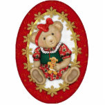 Beary Merry Teddy Bear Ornament Fotobeeldje Ornament<br><div class="desc">Schattige ovaal ornament is voorzien van een teddybeer meisje met een grote rode boog,  kerstthema kleding en het houden van een peperkoekkoekje.</div>