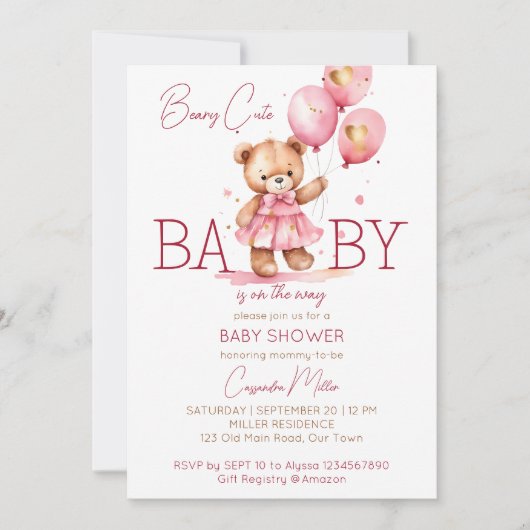 Beary schattig meisje teddy beer baby shower sjabl kaart (Voorkant)
