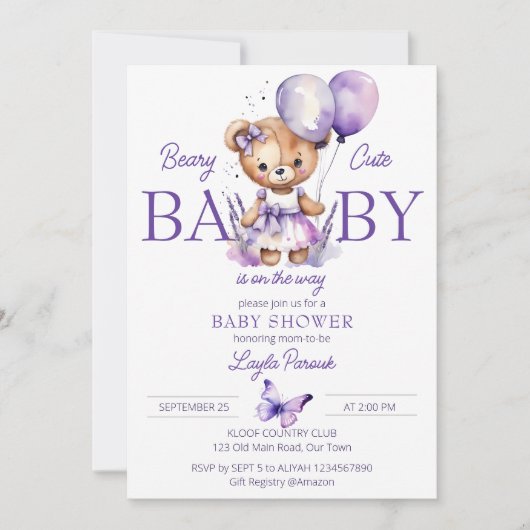 Beary schattig teddybeer paarse lavendel baby show kaart (Voorkant)