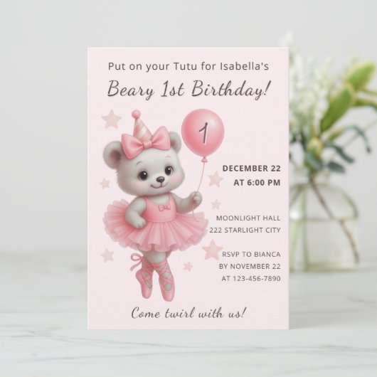 Beary Schattige Ballerina Uitnodigen met Party Pet Kaart (Staand voorkant)