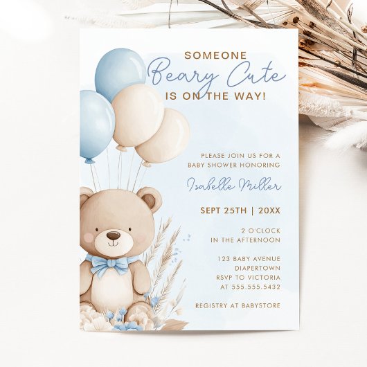 Beary Schattige Blue Balloon Teddy Bear Boy Baby s Kaart