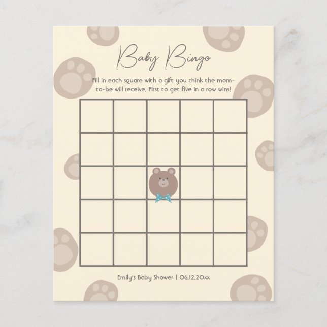Beary Schattige Bruin Teddy Bear Baby shower Bingo (Voorkant)