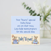 Beary Special Twin Boy Baby shower nodigt uit Kaart (Staand voorkant)