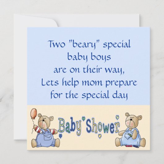 Beary Special Twin Boy Baby shower nodigt uit Kaart (Voorkant)