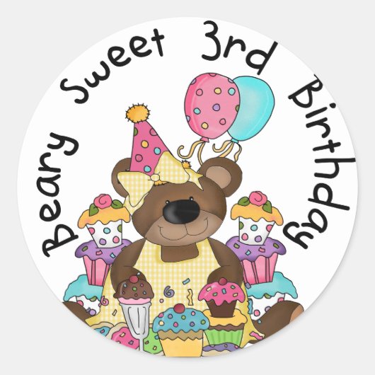 Beary Sweet 3e verjaardag Tshirts en geschenken Ronde Sticker (Voorkant)