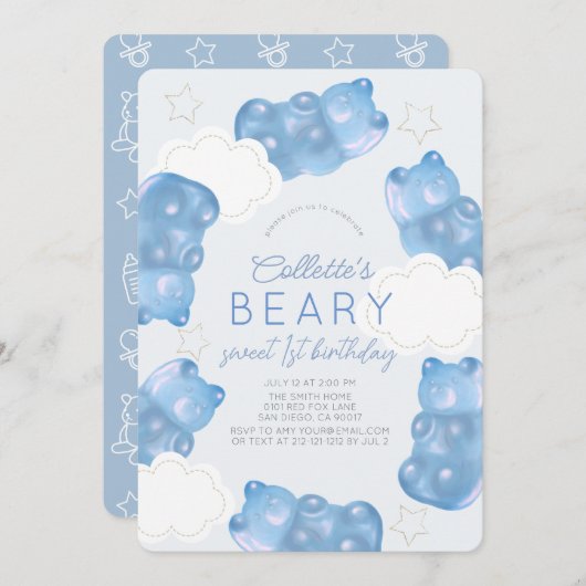 Beary Sweet Blue Gummy Beer Boy 1e verjaardag Kaart (Voorkant / Achterkant)