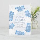 Beary Sweet Blue Gummy Beer Boy 1e verjaardag Kaart (Staand voorkant)