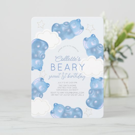 Beary Sweet Blue Gummy Beer Boy 1e verjaardag Kaart (Staand voorkant)