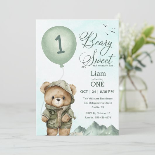 Beary Sweet Eerste Verjaardag Uitnodiging | (Staand voorkant)