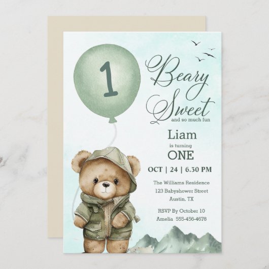 Beary Sweet Eerste Verjaardag Uitnodiging | (Voorkant / Achterkant)