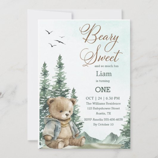 Beary Sweet Eerste Verjaardag Uitnodiging | pastel (Voorkant)