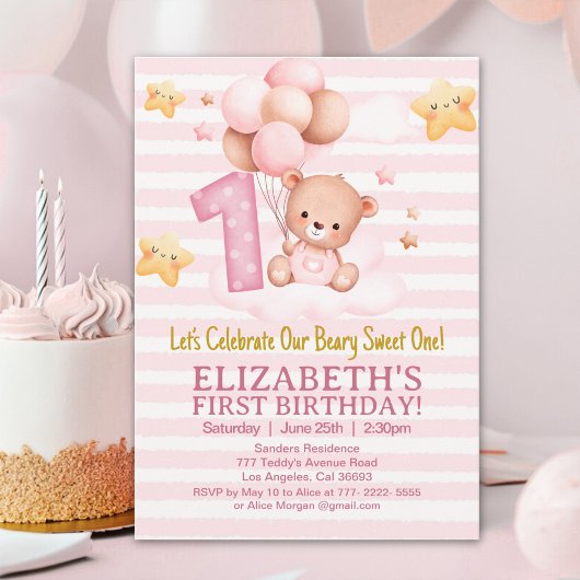 Beary Sweet First Birthday | Pink Boho Bear Girl Kaart