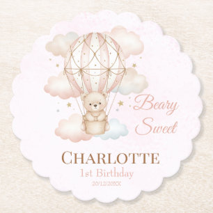 Beary Sweet Heete Luchtballon 1e Verjaardag Kartonnen Onderzetters