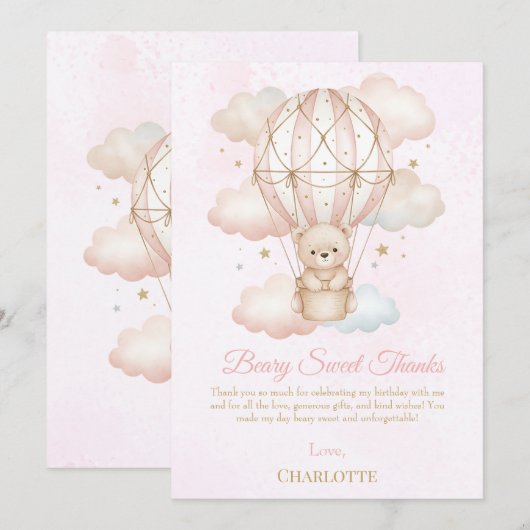 Beary Sweet Hot Air Balloon 1st Birthday  Bedankkaart (Voorkant / Achterkant)
