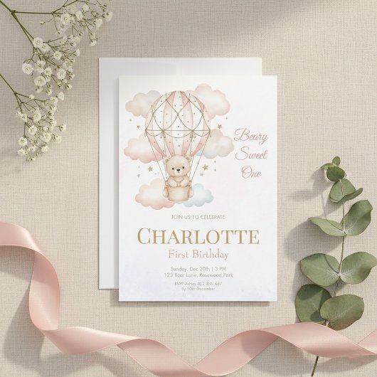 Beary Sweet Hot Air Balloon 1st Birthday  Kaart