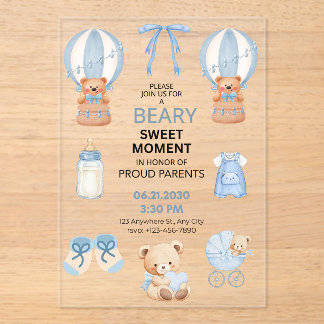 BEARY SWEET MOMENT BOY ACRYLIC 5X7 BABY SHOWER ACRYL UITNODIGINGEN