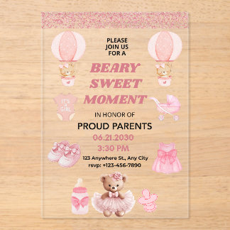 BEARY SWEET MOMENT GIRL ACRYLIC 5X7 BABY SHOWER ACRYL UITNODIGINGEN