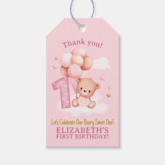 Beary Sweet One Gift | Boho Pink Bear Birthday Cadeaulabel (Voorkant)