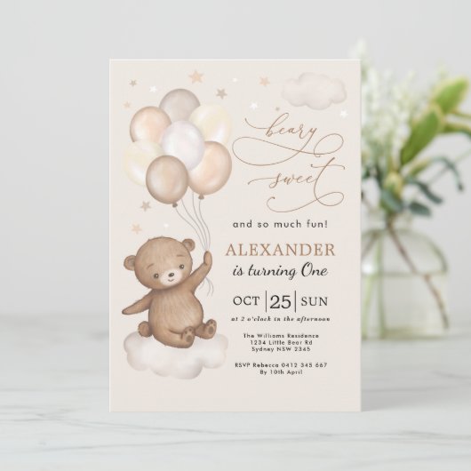 Beary Sweet Teddy Bear & Balloons 1e verjaardag Kaart (Staand voorkant)