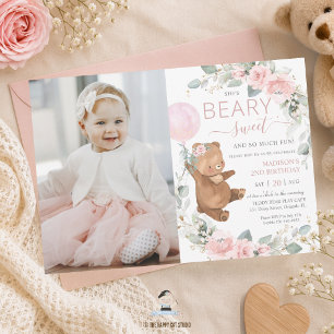 Beary Sweet Teddybeer Roze Ballon Verjaardagsfoto Kaart