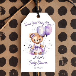 Beary teddybeer paarse baby shower dank u favo cadeaulabel