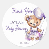 Beary teddybeer paarse baby shower dank u favo ronde sticker (Voorkant)