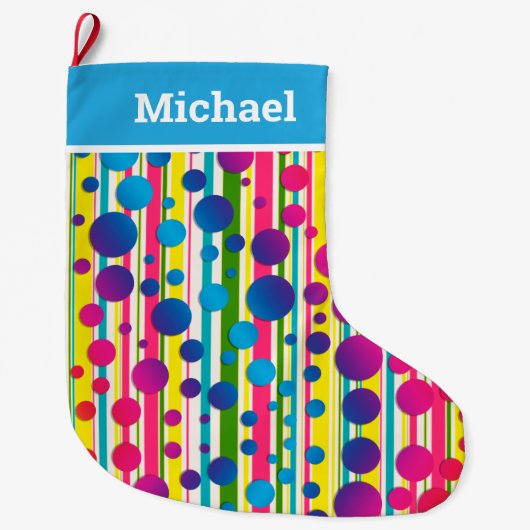 [Beatnik belletjes] Retro Polka Dot Striped Blue Grote Kerstsok (Voorkant)