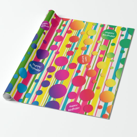 [Beatnik Bubbles] Retro Polka Dot Striped Rainbow Cadeaupapier (Uitgerold)