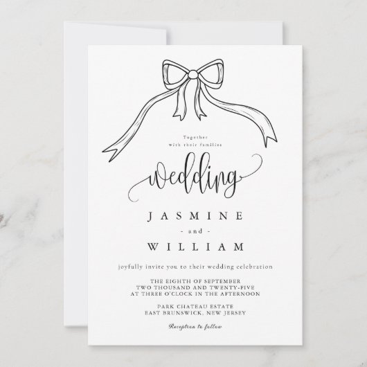 Beatrice Ribbon Bow Zwart-wit bruiloft Kaart (Voorkant)