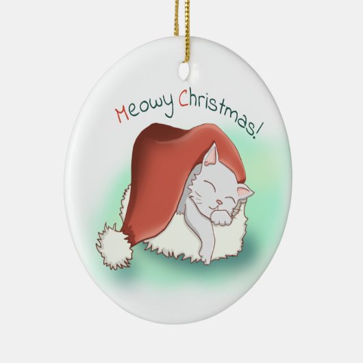 Beatrix Grey Cartoon Cat Snoozing in Santa Hat Keramisch Ornament (Rechts)