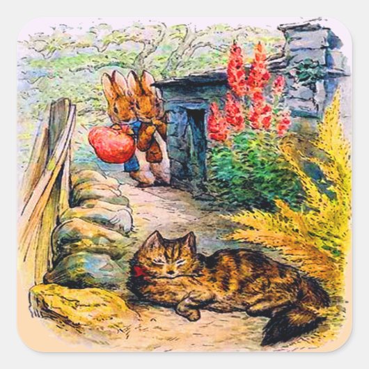 Beatrix Potter - Bunnies die de kat bekijken Vierkante Sticker (Voorkant)