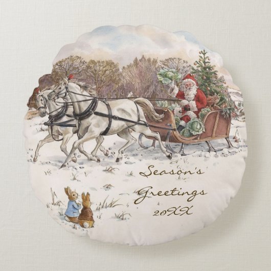  Beatrix Potter Kerstkonijnen en Kerstman Rond Kussen (Voorkant)