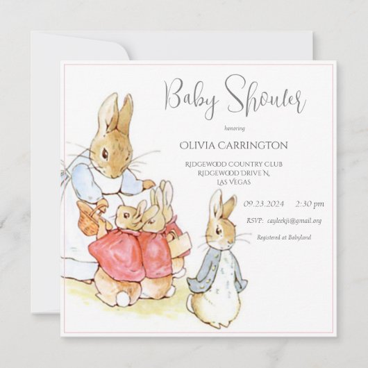 Beatrix Potter  Roze Baby shower Kaart (Voorkant)