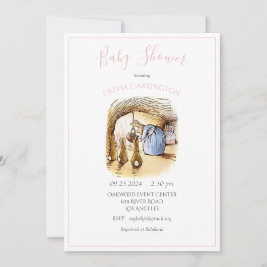 Beatrix Potter Roze Konijn Baby Shower Uitnodiging (Voorkant)