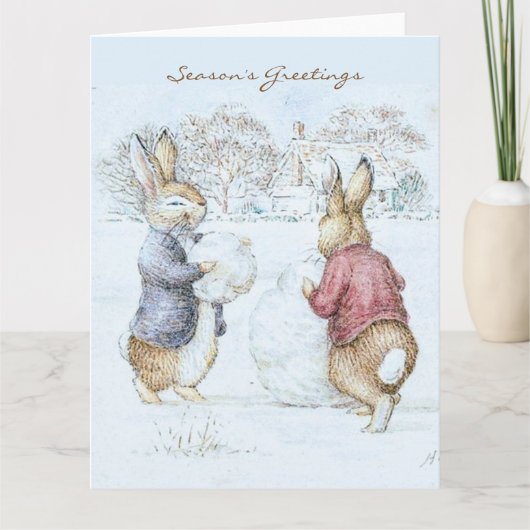 Beatrix Potter Sneeuwman en Bunnies Vakantie Kaart (Voorkant)